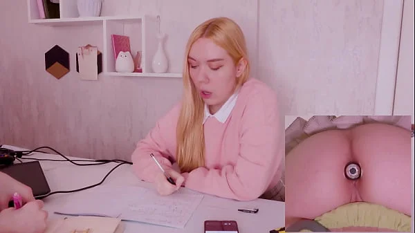Helping my stepsister with homework but she's too distracted with vibro plug in her ass!