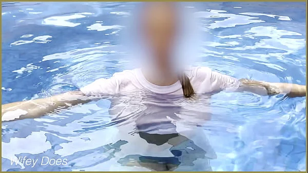 Amazing hot wife in Wet T-shirt in the hotel Pool | Risky public exhibitionist