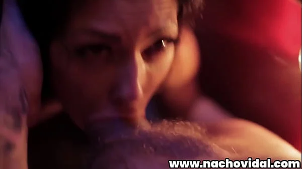 At a stylish strip club, Spanish Alexa Tomas meets Nacho Vidal. They make out in public, getting naked as they go. The trim beauty blows Nacho's colossal erection and strokes it with two hands.