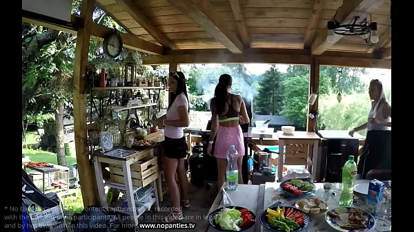 No Panties Mini Skirt Short Skirts Barbeque Party with Hot Tight Shaved Pussy Girls Outdoors