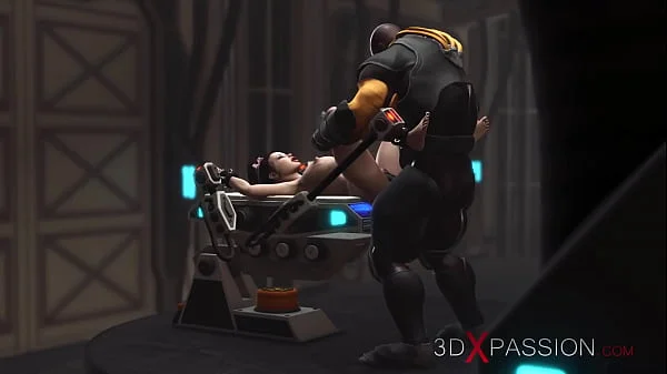 Extreme fuck. A super sexy brunette in cuffs gets fucked by BBC in the sci-fi lab