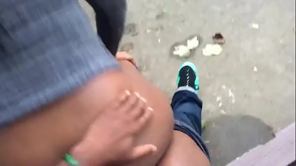 Babe bouncing on dick in public