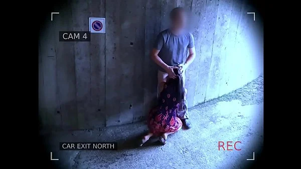 Young couple fucks in front of the garage exit and is caught by the surveillance camera