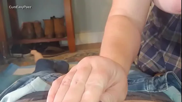 Busty Liza works a huge load of cum from his cock before wetting her panties over him