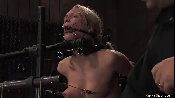 Blonde in device bondage ride Sybian