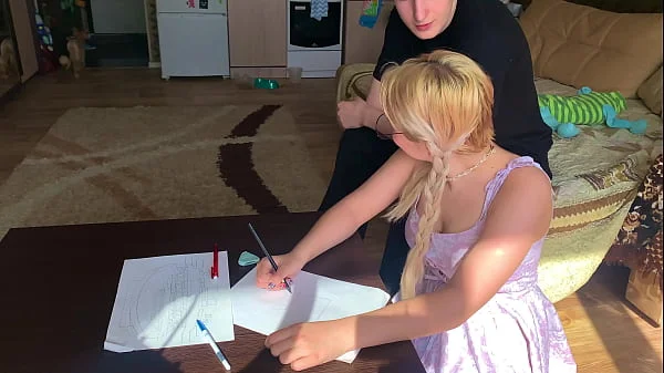 A shy student could not resist the tutor and took his dick in her mouth